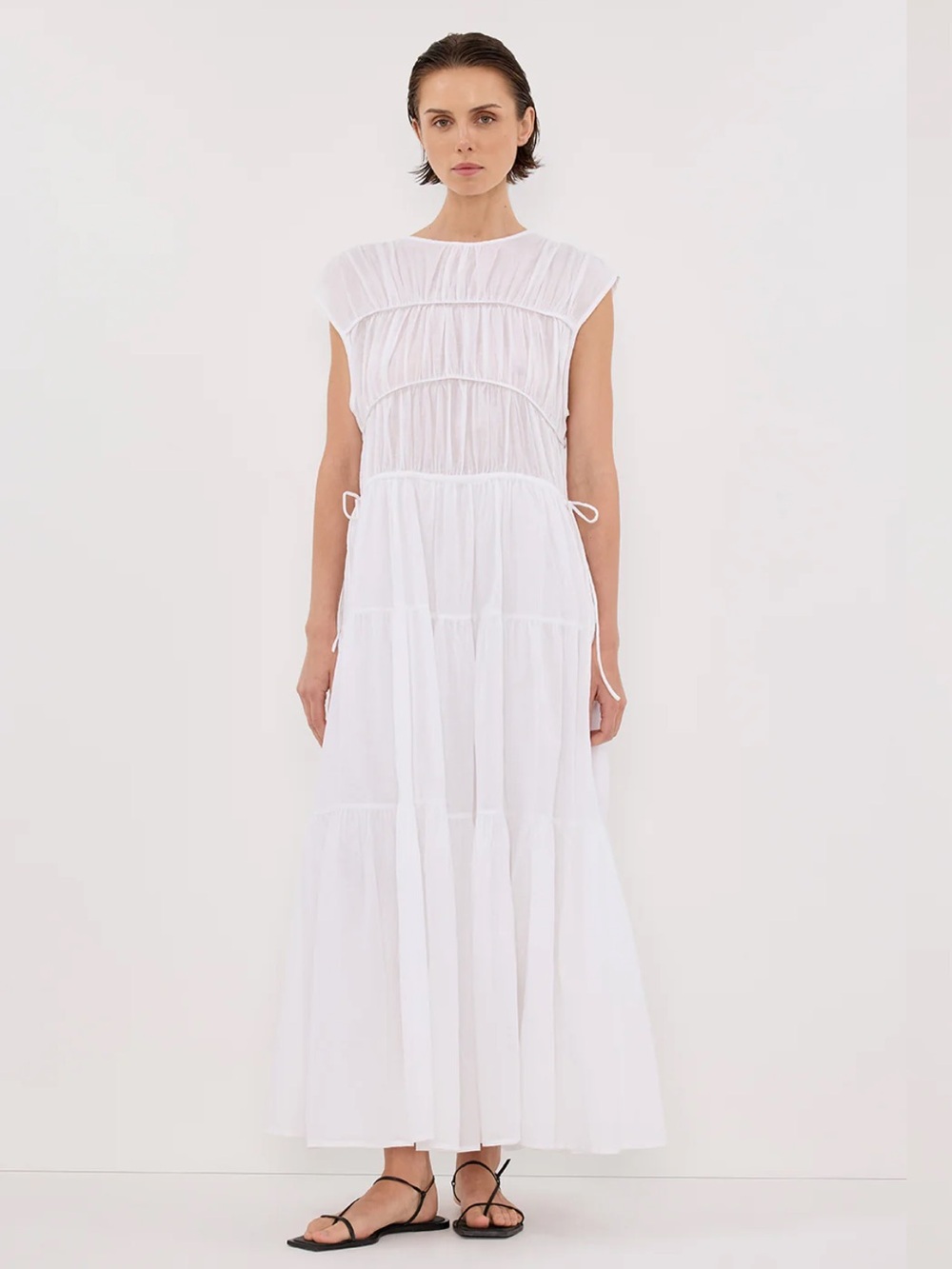 NWOT - DISSH Flynn White Linen/Cotton Blend Tiered Midi Dress with Cinching